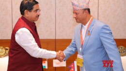 New Delhi: Union Minister Pralhad Joshi meets Nepal’s Minister for Energy, Water Resources, and Irrigation, Dipak Bahadur Khadka, on the sidelines of the 7th General Assembly of the International Solar Alliance in New Delhi on Tuesday, November 5, 2024. (Photo: IANS)