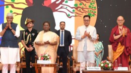 New Delhi: President Droupadi Murmu, along with Union Ministers Kiren Rijiju and Gajendra Singh Shekhawat, inaugurates the First Asian Buddhist Summit 2024 in New Delhi on Tuesday, November 5, 2024. (Photo: IANS)