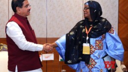 New Delhi: Union Minister Pralhad Joshi meets Minister of Energy of Niger Amadou Haoua on the sidelines of the 7th General Assembly of the International Solar Alliance in New Delhi on Tuesday, November 5, 2024. (Photo: IANS)