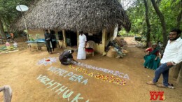 Thulasendrapuram: Villagers prepare a Kolam, a traditional artwork using coloured powder, that reads "Greeting America, our wishes for Kamala Harris' victory" in support of Democratic presidential nominee and Vice President Kamala Harris, in Thulasendrapuram, her ancestral village in Tamil Nadu  on Tuesday, November 5, 2024. (Photo: IANS)