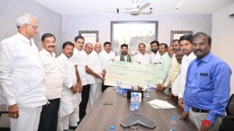 Hyderabad: Telangana Chief Minister Revanth Reddy receives a cheque of rupees 1.51 crore from Telangana State Co-operative Apex Bank Limited (TGCAB) for the Chief Minister's Relief Fund. TGCAB officials hand over the donation at his residence in Hyderabad on Wednesday, November 6, 2024. (Photo: IANS)