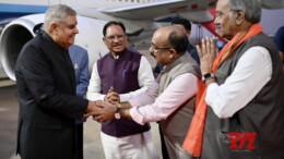 Raipur: Vice President Jagdeep Dhankhar being welcomed by Chhattisgarh Deputy Chief Minister Arun Sao upon his arrival in Raipur, Chhattisgarh, on Wednesday, November 06, 2024. Chhattisgarh Chief Minister Vishnu Deo Sai also present. (Photo: IANS)