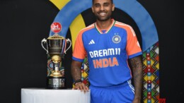 Durban: India’s captain Suryakumar Yadav poses with the trophy for a photograph ahead of the T20 series against South Africa in Durban on Thursday, November 7, 2024. (Photo: IANS/@BCCI)