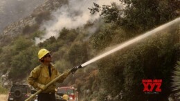 (240912) -- LOS ANGELES, Sept. 12, 2024 (Xinhua) -- A firefighter battles the wildfire, dubbed the Bridge Fire, in Mt. Baldy community area in Los Angeles County, California, the United States on Sept. 11, 2024. Bridge Fire, the largest wildfire in California as of Wednesday, exponentially exploded from 4,000 acres (16.2 square km) early Tuesday to nearly 48,000 acres (194.2 square km) with zero containment.
   According to the California Department of Forestry and Fire Protection (Cal Fire), the blaze, jumping in size over ten times in 24 hours, has expanded from Los Angeles County into neighboring San Bernardino County. (Photo by Qiu Chen/Xinhua)