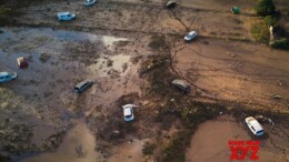 (241103) -- UTIEL, Nov. 3, 2024 (Xinhua) -- An aerial drone photo taken on Nov. 2, 2024 shows cars damaged in flood in Utiel, Spain. Torrential rains over recent days have triggered Spain's worst flooding in decades. The death toll from the flooding had risen to 211 as of Saturday morning, according to the government. (Xinhua/Meng Dingbo)