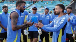 Centurion: India's Ramandeep Singh receives his Team India cap from Hardik Pandya ahead of the T20I series against South Africa in Centurion on Wednesday, November 13, 2024. (Photo: IANS)